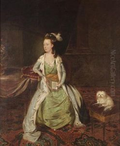 Portrait Of A Lady In A Green Dress With An Ermine Trimmed Robe, A Dog On A Stool Beside Her