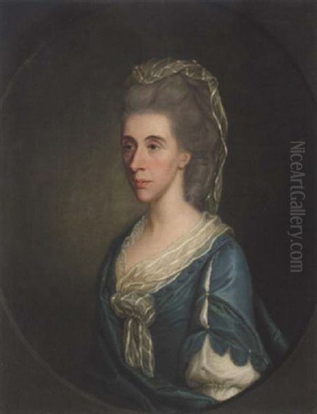 Portrait Of Miss Tighe Wearing A Blue Dress With White Lace Bonnet - view 1