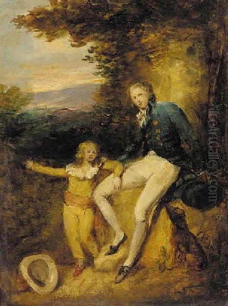 Portrait Of A Lady Of The Pye Family In A White Dress And Grey Cloak, Leaning On A Pedestal By An Urn, In A Landscape - view 1