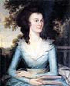 Portrait Of Hannah Porter Wearing A Light Blue Dress, Holding A Book, With A Landscape Beyond