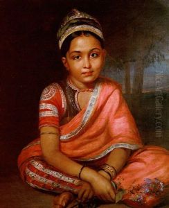 Portrait Of An Indian Princess Seated Cross Legged Wearing Indian Dress, Holding Flowers