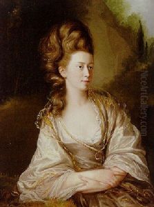 Portrait Of A Lady (miss Carr?) In A Purple Dress And A Lace Veil, A Landscape Beyond