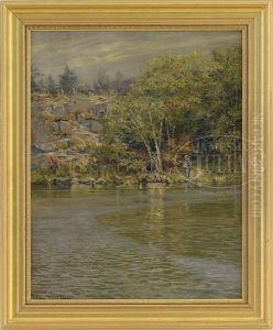 Boy Fishing Off Tree And Rock Lined Shore by Conde Wilson Hickok