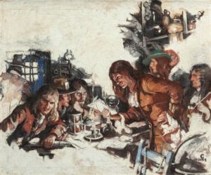 Men Reading A Letter Over Candlelight, Probable Story Illustration by Cornelius (Connie) Grover Hicks