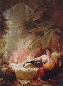 Portrait Of Adelaide Maria Guinness, Later 1st Viscountess Iveagh, Reclining On A Sofa Holding A Fan, In A Conservatory