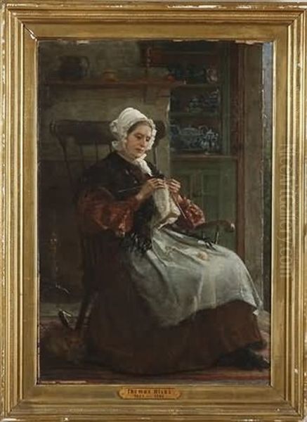 Interior Genre Scene With Woman Knitting, Cat By Feet - view 1