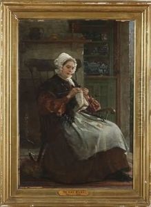 Interior Genre Scene With Woman Knitting, Cat By Feet