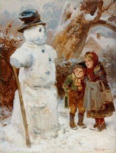 Bub Und Madchen Bestaunen Einen Schneemann by Friedrich Hiddemann