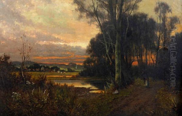 Tranquil Rural Landscape With Maid By A Pool, Together With Another, With Figure Carrying Firewood On A Wooded Path At Dusk (pair) - view 1