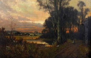 Tranquil Rural Landscape With Maid By A Pool, Together With Another, With Figure Carrying Firewood On A Wooded Path At Dusk (pair)
