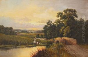 Panoramic Landscape With Figures By A Covered Bridge With Small Stream by Frank Hider