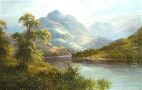 Cattle In A Mountain Lake Scene And Traveler In A Mountain Landscape (pair) - view 1