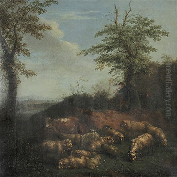 Flotespielender Hirte Mit Seiner Herde In Hugeliger Landschaft - view 1