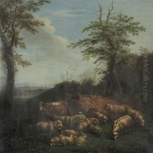 Flotespielender Hirte Mit Seiner Herde In Hugeliger Landschaft by Daniel Hien