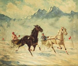 Winterliches Trabrennen Vor Schneebedeckter Hochgebirgskulisse by Franz Hienl-Merre