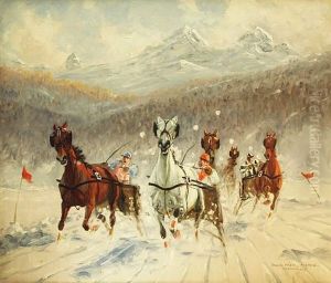 Winterliches Trabrennen Vor Schneebedeckter Hochgebirgskulisse by Franz Hienl-Merre