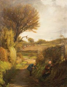Two Girls Picking Wild Flowers In A Lane by Ernest Higgins Rigg