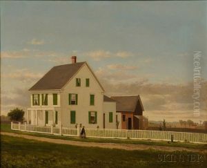 Portrait Of A Farmhouse With Green Shutters And Four Figures
