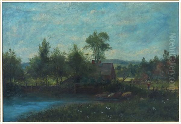 Landscape, Rustic Log House On Pond, With Farmer - view 1