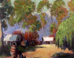Native American Figures And Covered Wagon Among The Trees