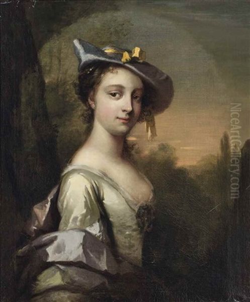 Portrait Of A Lady Traditionally Identified As Miss Marsh, Half-length, In A White Dress With A Hat, In A Landscape - view 1