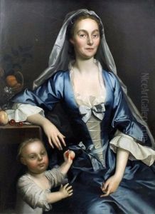 Half Length Portrait Of A Young Woman In Blue Dress With A Child Offering Her An Apple by Joseph Highmore