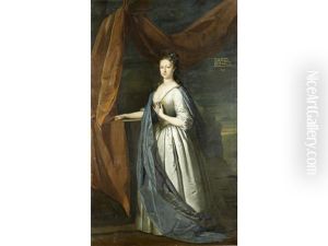 Portrait Of Frederica, Countess Fitzwalter, In A Silver Dress With A Blue Cloak, Standing Before A Draped Pillar, A Landscape Beyond by Joseph Highmore