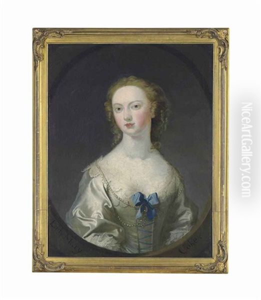 Portrait Of Lady Mary Coke, Nee Campbell, Half-length, In A White Silk Dress With A Blue Ribbon And Pearls, In A Feigned Oval - view 1