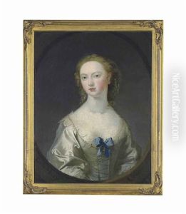 Portrait Of Lady Mary Coke, Nee Campbell, Half-length, In A White Silk Dress With A Blue Ribbon And Pearls, In A Feigned Oval by Joseph Highmore