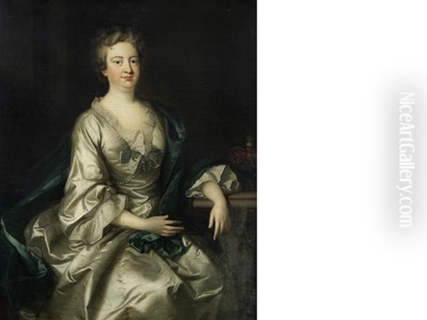 Portrait Of A Lady, Said To Be Queen Caroline Of Brandenburg-ansbach, Three-quarter-length, Seated In A Cream Satin Dress - view 1