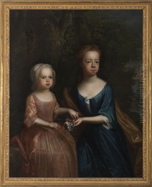Portrait Of Two Children In Landscape, Each Holding A Sprig Of Flowers - view 1