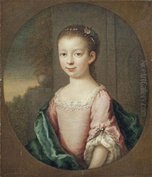 Portrait Of A Girl, Half-length, In A Blue Dress And Pink Wrap, A Landscape Beyond - view 1
