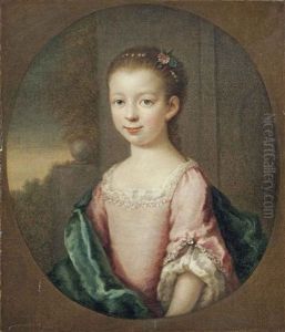 Portrait Of A Girl, Half-length, In A Blue Dress And Pink Wrap, A Landscape Beyond
