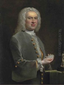 Portrait Of A Sculptor, Half-length, In A Grey Coat With Gold Buttons And A Lace Shirt, Holding A Medallion, Beside A Table With Sculptor's Tools...