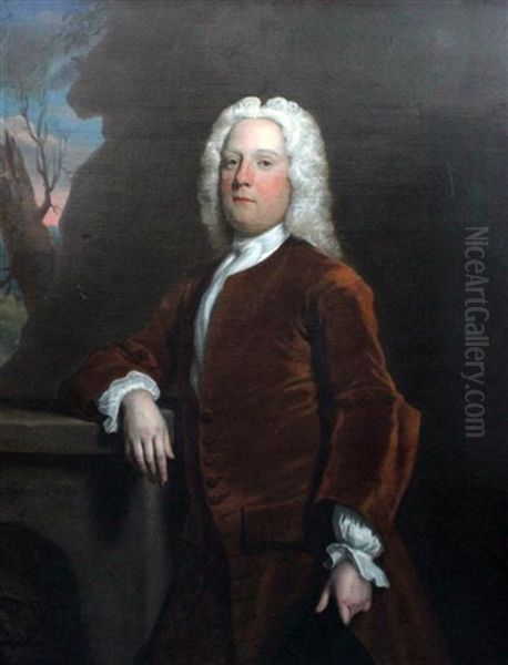 Portrait Of A Gentleman, Standing In Parkland, His Hand Resting On A Plinth - view 1