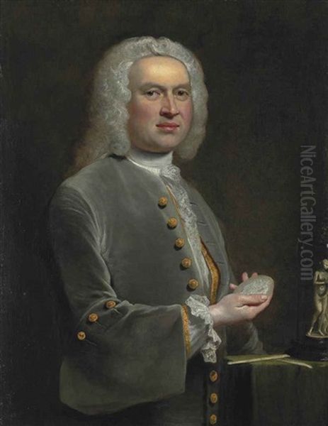 Portrait Of A Sculptor, Half-length, In A Grey Coat With Gold Buttons And A Lace Shirt, Holding A Medallion, Beside A Table With Sculptor's Tools And A Small Copy Of The Venus De Medici - view 1