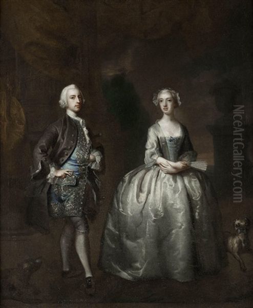 Portrait Of A Gentleman And His Wife, Standing On A Terrace With Their Dogs - view 1