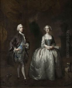 Portrait Of A Gentleman And His Wife, Standing On A Terrace With Their Dogs by Joseph Highmore