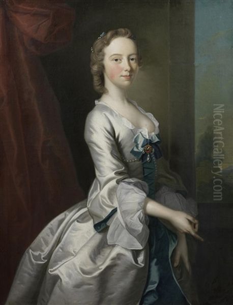 Portrait Of A Young Lady, In A White Silk Dress With Blue Ribbons, Standing Before A Red Curtain, A View To A Landscape Beyond - view 1