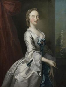 Portrait Of A Young Lady, In A White Silk Dress With Blue Ribbons, Standing Before A Red Curtain, A View To A Landscape Beyond
