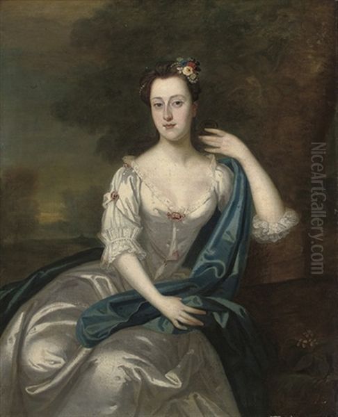 Portrait Of A Lady, In A White Dress With A Blue Wrap by Joseph Highmore