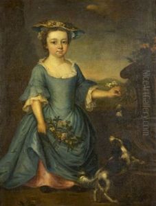 Portrait Of A Little Girl In A Blue Dress, Picking Flowers Beside A Classical Styled Garden Urn With A Lapdog by Joseph Highmore