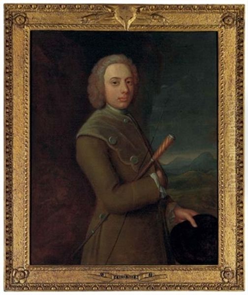 Portrait Of A Gentleman, In A Brown Coat, Holding A Riding Crop And Hat - view 1