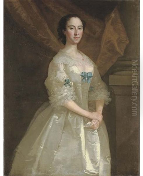 Portrait Of Miss Elizabeth Purley In A White Dress With Blue Ribbons, Holding A Letter In Her Left Hand - view 1