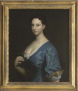 Portrait Of A Lady In A Blue Dress, Holding A Red Rose In Her Right Hand