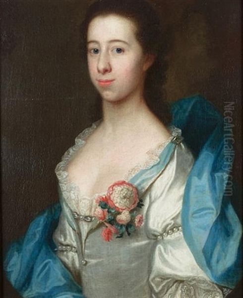 Portrait Of A Gentleman, In A Buff Coloured Coat With A White Brocaded Waistcoat And Holding A Hat Under His Arm (+ A Portrait Of A Lady, In A White, Lace-trimmed Dress And A Blue Wrap; Pair) - view 1