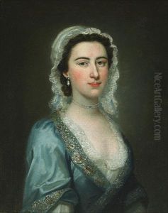 A Portrait Of A Lady, Half-length, Wearing A Blue Dress And A Lace Bonnet