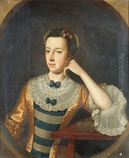 Portrait Of A Young Woman, Half-length, In A Blue, White And Gold Dress With A Lace Collar And Cuff And Flowers In Her Hair - view 1