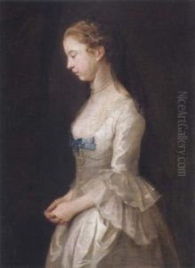 Portrait Of A Young Girl Wearing A Cream Dress With Blue Ribbons by Joseph Highmore