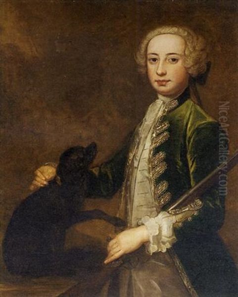 Portrait Of A Young Gentleman In A Green Coat, Holding A Gun, With A Spaniel - view 1